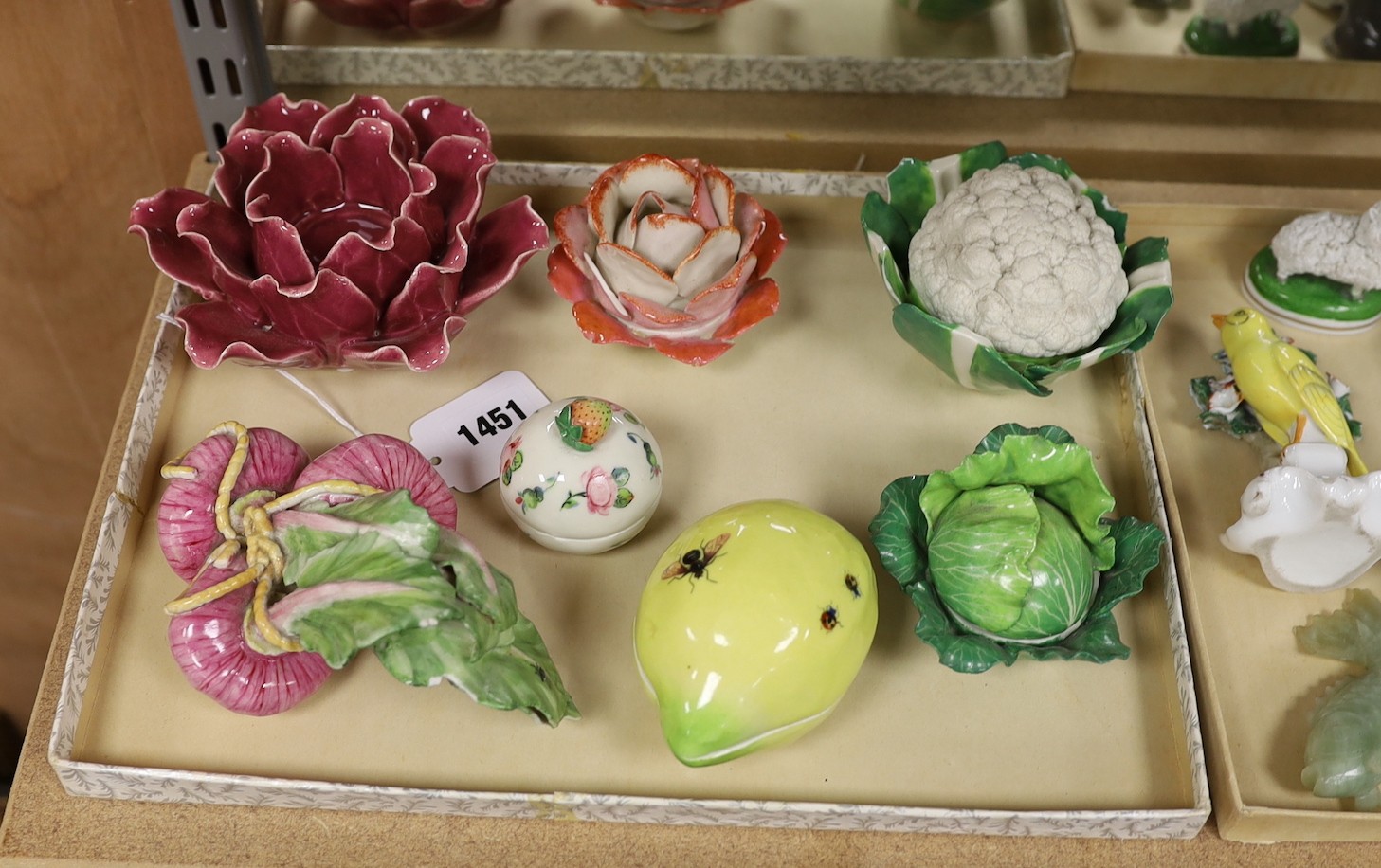 A Lady Anne Gordon, Dowager Marchioness of Aberdeen porcelain model of horseradishes, other models of vegetable or fruit by another hand, various boxes etc, largest item Limoges entree dish 29 cms long